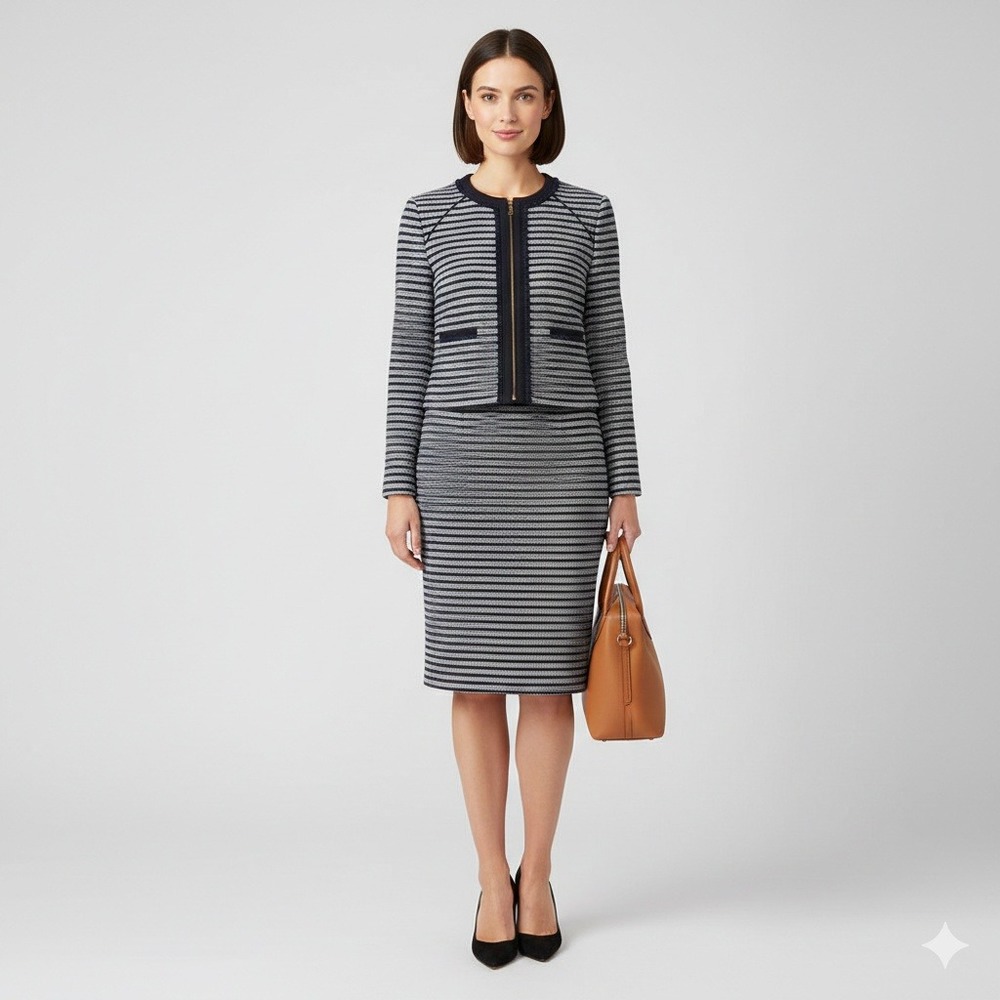 J.Crew Factory Striped Tweed Cropped Blazer Sz 12 Zip Jacket Navy Career Preppy‎ - Picture 13 of 13